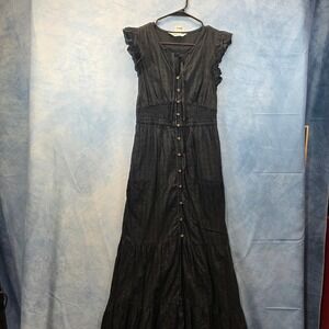 Sonoma Goods For Life Black Dobby Maxi Dress Smocked Waist Ruffle Sleeve XS